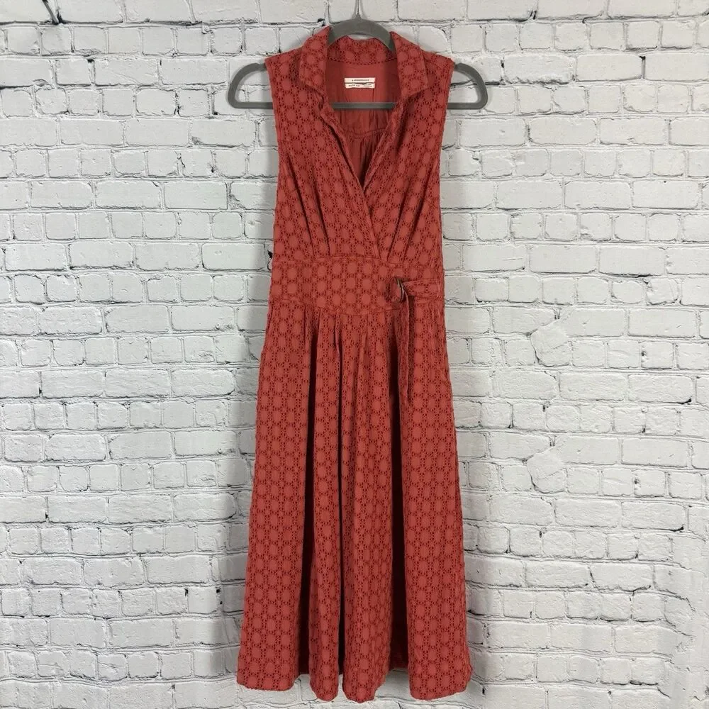Anthropologie Elm Collared Eyelet Dress Sleeveless Coral Orange - Picture 2 of 16